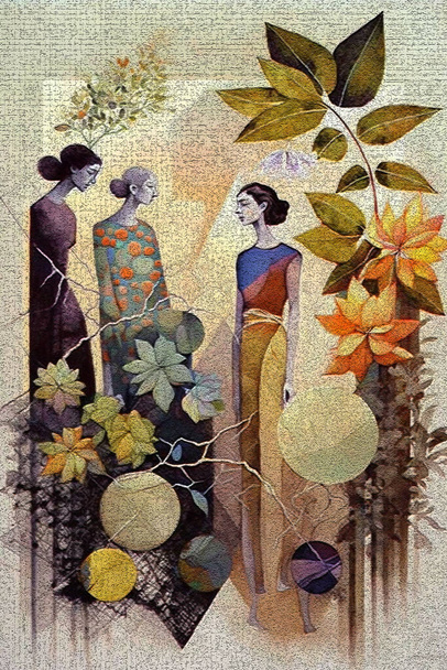 A trio of women blend with an autumnal mosaic backdrop, embodying the elegance of fall - Photo, Image