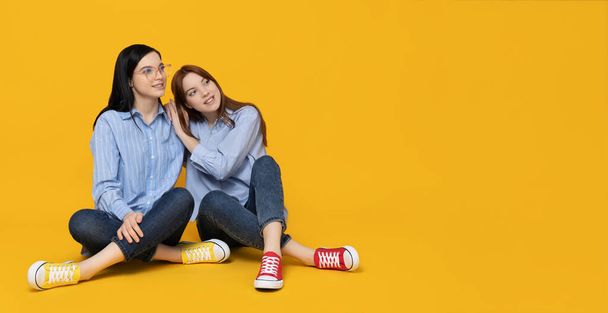 Twee zussen zitten op een gele achtergrond - Foto, afbeelding