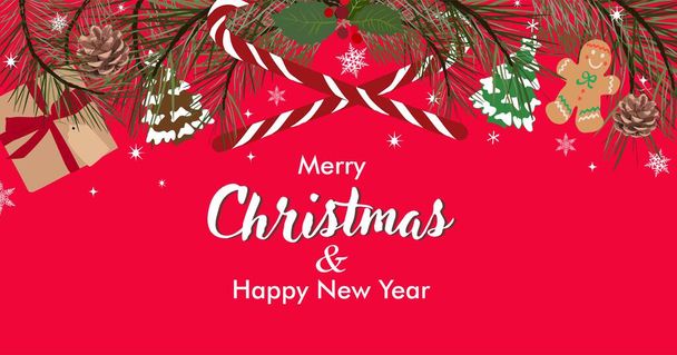 Merry Christmas and Happy new year red background with fir branches border, ginger man, holly berries, pine cones, candy cane. Winter holidays celebration banner, card template. Vector illustration. - Vector, Image