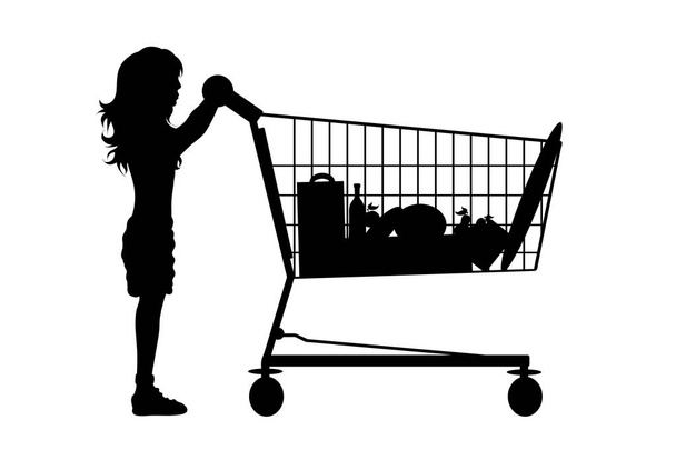 Vector silhouette of girl push shopping cart on white background. Symbol of shop accessories. - Vector, Image