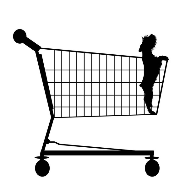 Vector silhouette of dog inside shopping cart on white background. Symbol of pet shop accessories and sale. - Vector, Image