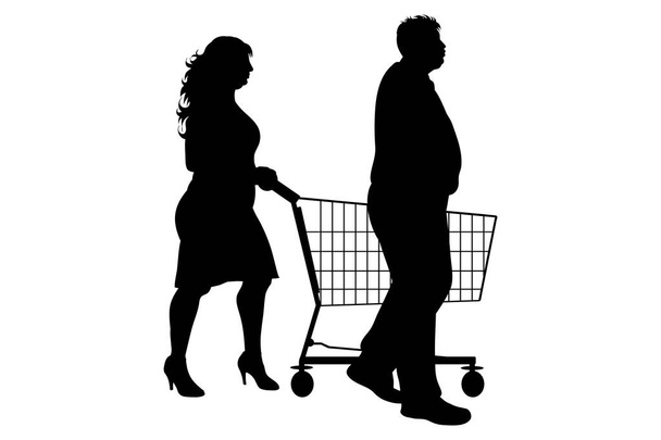 Vector silhouette of obese couple push shopping cart on white background. Symbol of shop accessories. - Vector, Image