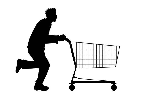 Sílhueta vetorial de homem correndo e empurrar carrinho de compras no fundo branco. Símbolo de acessórios de loja e venda. - Vetor, Imagem