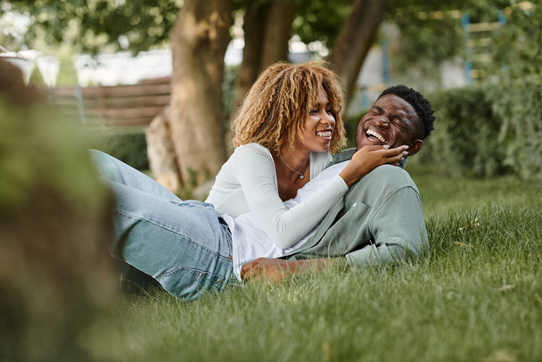 Neşeli, genç, Afro-Amerikalı bir kadın çimenlerde bir erkekle otururken sevgi dolu bir bakış atıyor. - Fotoğraf, Görsel
