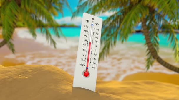 Ένα θερμόμετρο στην άμμο από κοντά δείχνει μια αύξηση της θερμοκρασίας στο φόντο των φοινίκων στην παραλία και την παραλία. 3D απόδοση. - Πλάνα, βίντεο