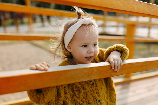 Little girl smiling, outdoors, at the playground, closeup portrait. - Photo, Image