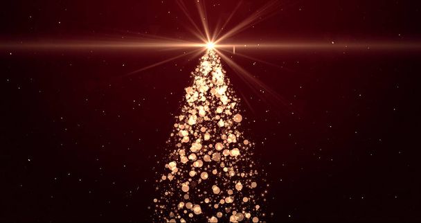 Φωτεινό χριστουγεννιάτικο δέντρο με λαμπερά φώτα αστέρια και νιφάδες χιονιού που επιπλέουν σε κόκκινο φόντο. Χειμερινές διακοπές, Πρωτοχρονιά, εορταστική διακόσμηση έννοια. - Φωτογραφία, εικόνα