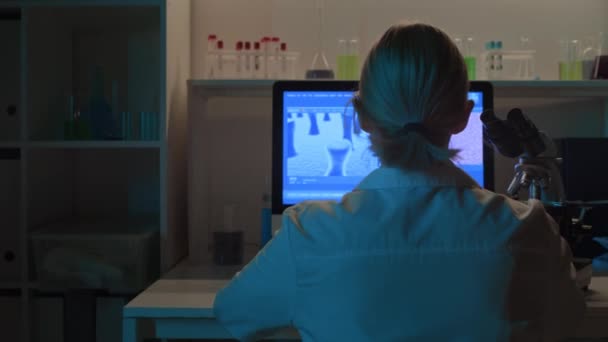 Colpo medio posteriore di scienziata irriconoscibile seduta alla scrivania nel laboratorio di biochimica e che guarda le colture cellulari attraverso il microscopio elettronico sullo schermo del computer - Filmati, video