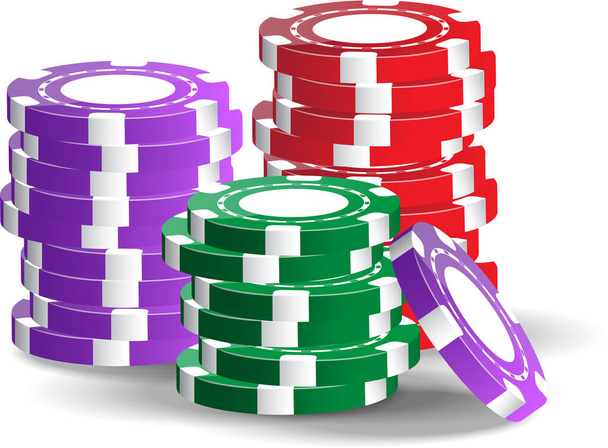 Imagen vectorial de las fichas de casino de bolsillo de los diferentes colores (rojo, violeta, verde) aislados en el fondo blanco. - Vector, imagen