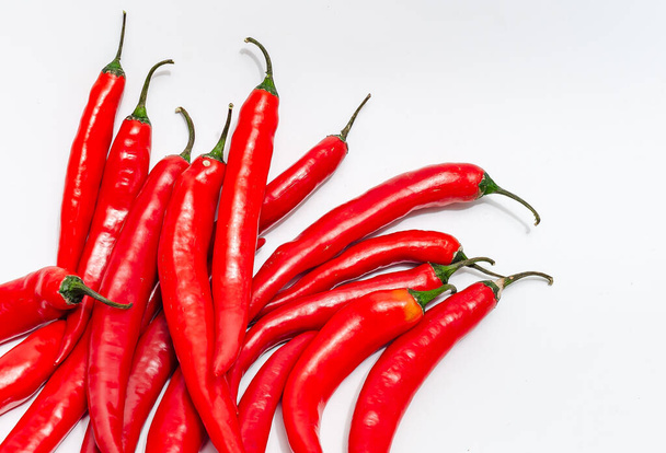 Zblízka svazek červené chilli papričky na bílém izolovaném pozadí. Úhlopříčně v levém dolním rohu - Fotografie, Obrázek