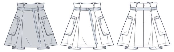 Cargo Skirtテクニカルファッションイラスト。 プリーツミニスカートファッションフラットテクニカル描画テンプレート,バックジッパー,ポケット,フロントとバックビュー,ホワイト,グレー,女性CADモックアップセット. - ベクター画像