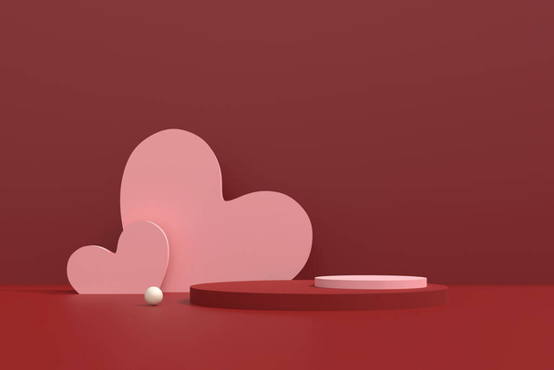 Prachtige 3D-weergave van Valentijnsdag concept Romantische wenskaart, product en podium display ontwerp met harten, liefde en gevoel - Foto, afbeelding