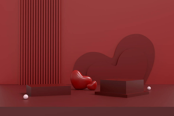 Όμορφη 3D Αποτύπωση του Αγίου Βαλεντίνου Ημέρα Concept Ρομαντικό Ευχετήρια κάρτα, το προϊόν και το βάθρο Display Design με καρδιές, αγάπη, και συναίσθημα - Φωτογραφία, εικόνα