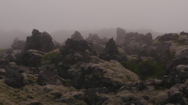 Zerklüftetes moosbewachsenes Vulkangestein in dichtem Nebel, Island - Filmmaterial, Video