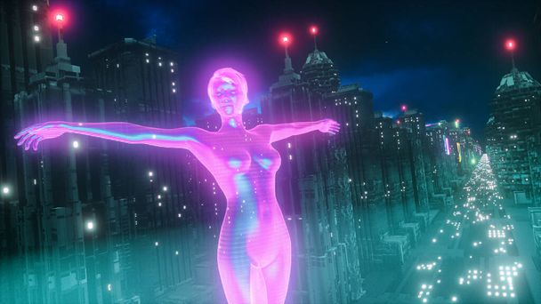 uma cidade futurista cyberpunk e um holograma feminino em rosa (renderização 3D) - Foto, Imagem