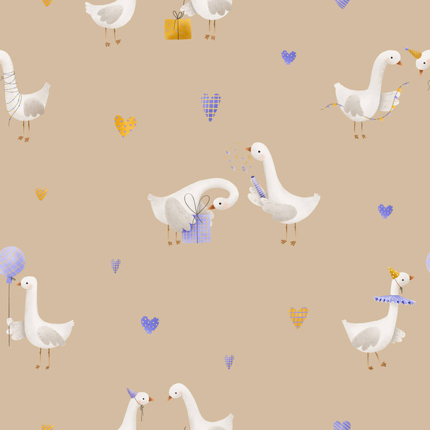 Geburtstag nahtlose Muster mit einer niedlichen Ente. Geburtstagsmuster mit Geschenkschachteln und Girlanden, Luftballon. Neugeborener unendlicher Hintergrund - Foto, Bild