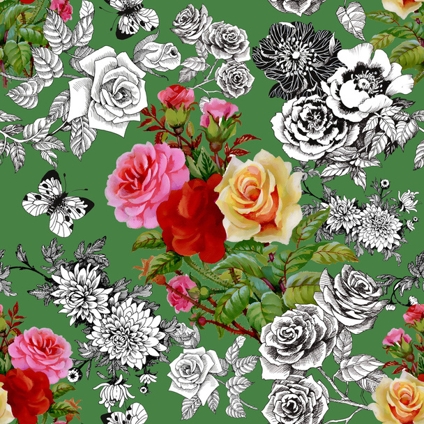 Colorful roses and butterflies pattern - Photo, Image