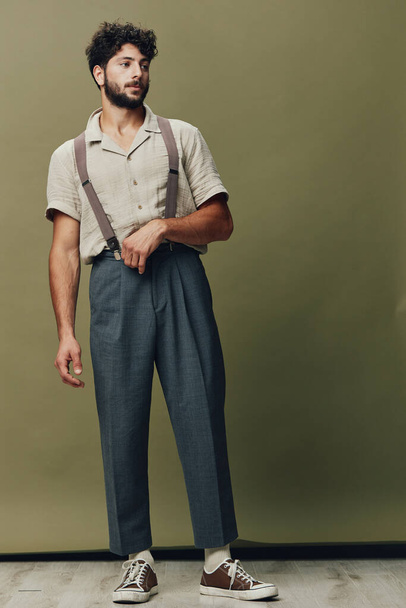 Caucasian vertical looking adult portrait full standing men background young suit suspenders male attractive person modern fashion length casual stylish business trendy handsome one - Photo, Image