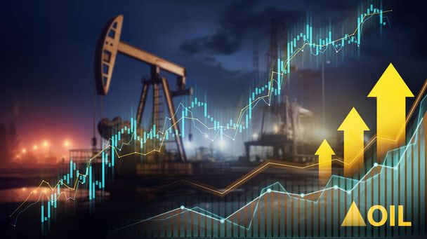 Εξέδρες γεώτρησης πετρελαίου το σούρουπο με λαμπερά οικονομικά γραφήματα, που συμβολίζουν την απόδοση της αγοράς - Φωτογραφία, εικόνα