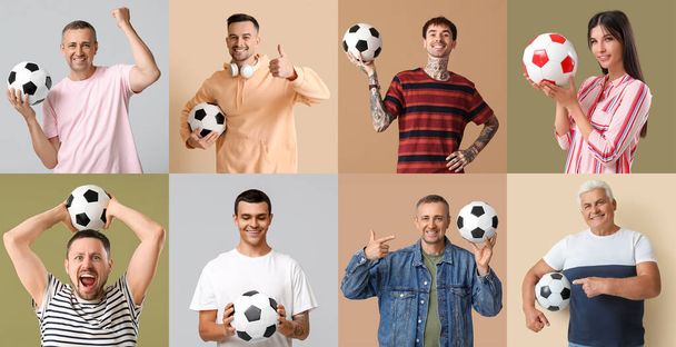 Koláž lidí s fotbalovými míčky na barevném pozadí - Fotografie, Obrázek