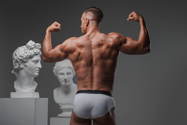 М'язистий чоловік, повернутий до камери, згинає свої чітко визначені м'язи спини, стоячи в студії поруч з давньогрецькими бюстами - Фото, зображення