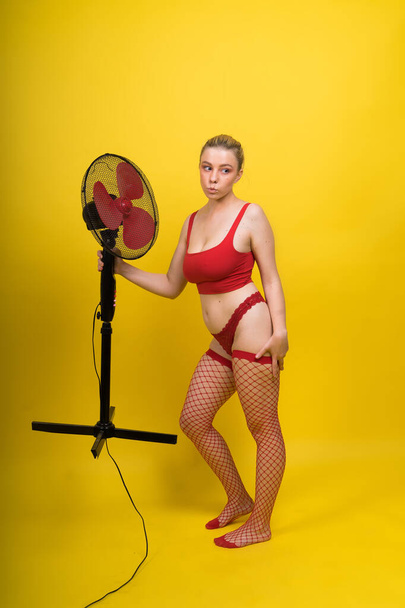 Modelo de moda profissional mulher loira posando sentado em uma lingerie vermelha com grande fã - Foto, Imagem