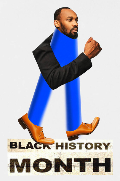 Plakát. Koláž současného umění. Mladý Afroameričan s dlouhými neonovými barevnými nohami stojí na nápisu každoroční oslavy na bílém pozadí. Koncept měsíce černé historie, kultura - Fotografie, Obrázek