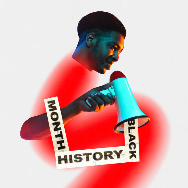 Poster. Collage d'arte contemporanea. Il giovane uomo afroamericano attraente forte che grida a megafono su inizio di vacanza annuale. Concetto di storia nera mese, diritti civili, cultura - Foto, immagini