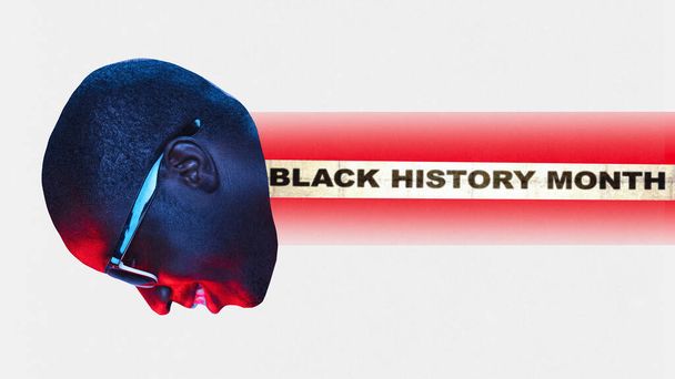 Plakát. Kortárs művészeti kollázs. Az éves ünnep neve, a neon hátterű szöveg kirepül a sötét bőrű, afro-amerikai fiatalember fejéből. Fogalom a fekete történelem hónap, polgári jogok. - Fotó, kép