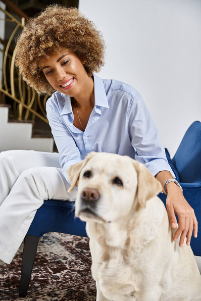 szczęśliwy Afryki amerykanka kobieta z kręcone włosy siedzi i przytula labrador w przyjazny dla zwierząt hotel - Zdjęcie, obraz