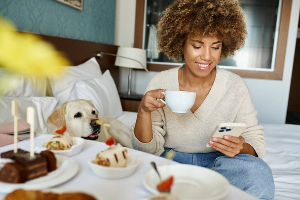 felice donna afro-americana che tiene il cappuccino e utilizza smartphone vicino labrador in camera d'albergo - Foto, immagini
