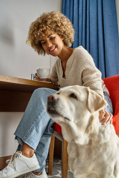 Happy and curly african american woman enjoys coffee near labrador in a pet-friendly hotel - Photo, Image