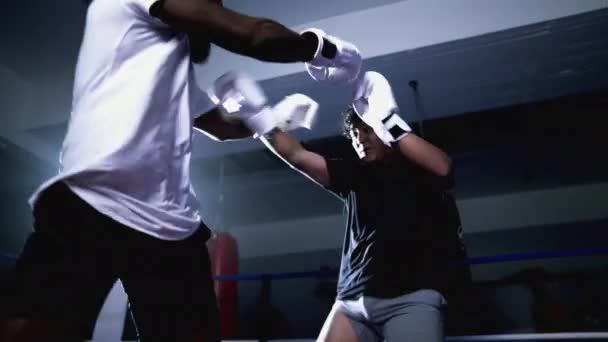Muay Thai Fighter Defendiendo contra las patadas y golpes del oponente en el ring de boxeo - Imágenes, Vídeo