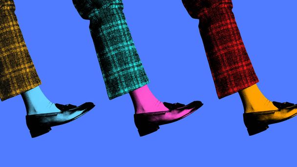 Poster. Contemporary art collage. Three legs in checkered pants in vivid color palette against colorful background. Bright comics style design. Concept of art, disco, party, retro fashion, fun and joy - Photo, Image