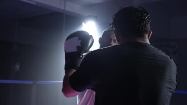 Fighters in Dramatic Standoff Inside Boxing Ring Wymiana kopnięć i ciosów, przeciwnik pokonuje rywala rzucając go na podłogę - Materiał filmowy, wideo