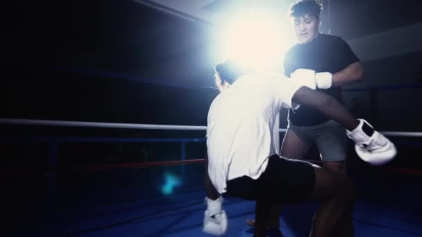 Боец встает с пола и обменивается перчатками, чтобы начать боевую подготовку внутри боксерского ринга против противника - Кадры, видео