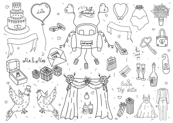 Set di 31 pezzi da sposa in stile doodle. - Vettoriali, immagini