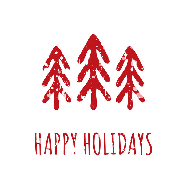 Biglietto minimalista Happy Holidays in stile scandinavo con alberi di Natale disegnati a mano. Illustrazione vettoriale alla moda perfetta per cartolina di auguri, copertina per le vacanze, social media, poster, banner e così via - Vettoriali, immagini