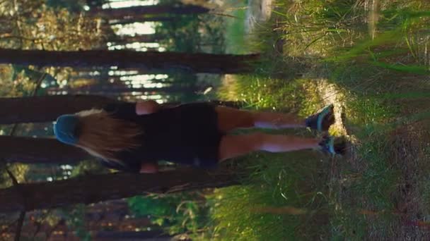 Fiatal női futó edzés a nyári erdőben. A fitneszlány függőlegesen kocog. - Felvétel, videó