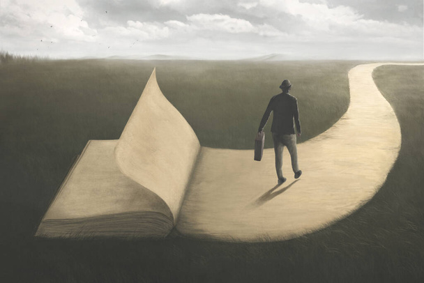 Illustration of wise man walking on the last page of a surreal book, wisdom concept - Photo, Image