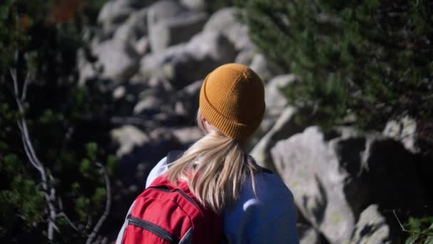 エキサイティングな女性が屋外の景色を歩いています. アクティブな女の子は森林の山で彼女の休暇を楽しんでいます. ハイキングで笑顔の観光客. 観光アドベンチャーで楽しい探検家 - 映像、動画