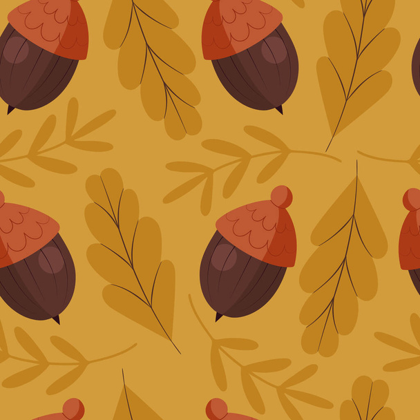 Eenvoudig naadloos patroon met eiken gele bladeren en eikels, seizoensgebonden handgetekende achtergrond in plat ontwerp - Vector, afbeelding