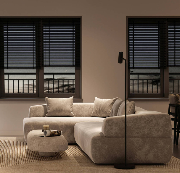 Ένα άνετο καθιστικό ρύθμιση διαθέτει ένα βελούδινο καναπέ με θέα στον ουρανό, προσφέροντας μια γαλήνια και πολυτελή ατμόσφαιρα σε μια υψηλής ποιότητας 3d καθιστούν - Φωτογραφία, εικόνα