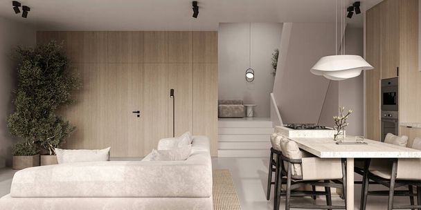 Élégant espace ouvert en 3D combinant un salon confortable avec une section salle à manger, avec des détails en bois naturel et une esthétique moderne - Photo, image