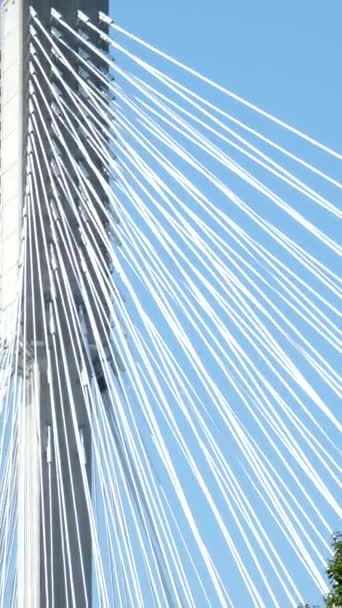 Порт Манн мост Канада через реку Фрейзер в BC нижней стороне зрения крупным планом огромный белый растянутые кабели провести большой мост Порт Coquitlam, Большой Ванкувер, Британская Колумбия, Канада 2023 - Кадры, видео