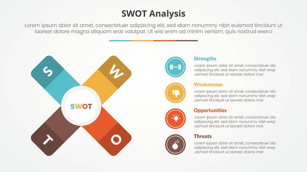 swot business framework strategic template infographic concept for slide presentation with x cross shape with vertical description with 4 point list with flat style vector - Vettoriali, immagini