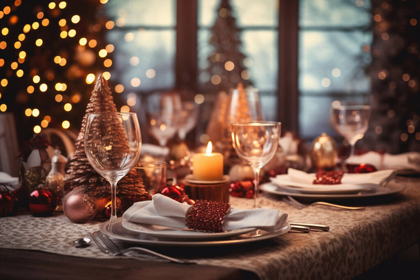 Karácsonyi vacsora. Ünnepi asztal vár a családra. Gyönyörű tálalóasztal dekorációval, gyertyákkal és lámpákkal. - Igen. Kiváló minőségű fénykép - Fotó, kép