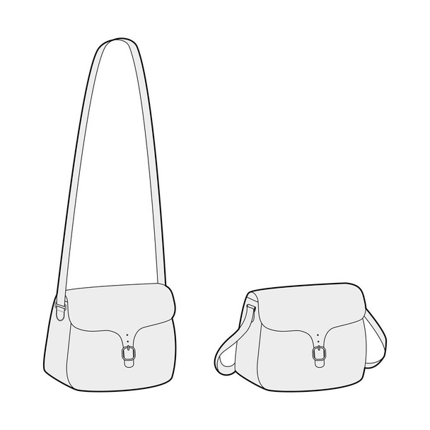 Zadel Cross-Body Bag silhouet. Mode accessoire technische illustratie. Vector satchel front 3-4 zicht voor mannen, vrouwen, unisex stijl, platte handtas CAD mockup schets omtrek geïsoleerd - Vector, afbeelding