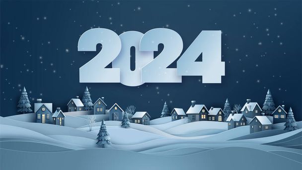 Καλά Χριστούγεννα και Ευτυχισμένο το Νέο Έτος 2024, Εξοχή Χριστουγεννιάτικο χωριό νύχτα, χιονισμένο τοπίο πανόραμα - Διάνυσμα, εικόνα