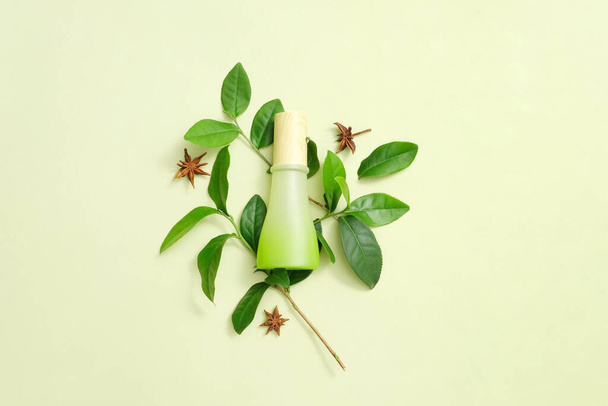 Zelfgemaakte cosmetica met pure groene thee ingrediënten zitten in een groene fles met een houten deksel. Concept van veganistische cosmetica. Natuurlijke schoonheid. - Foto, afbeelding